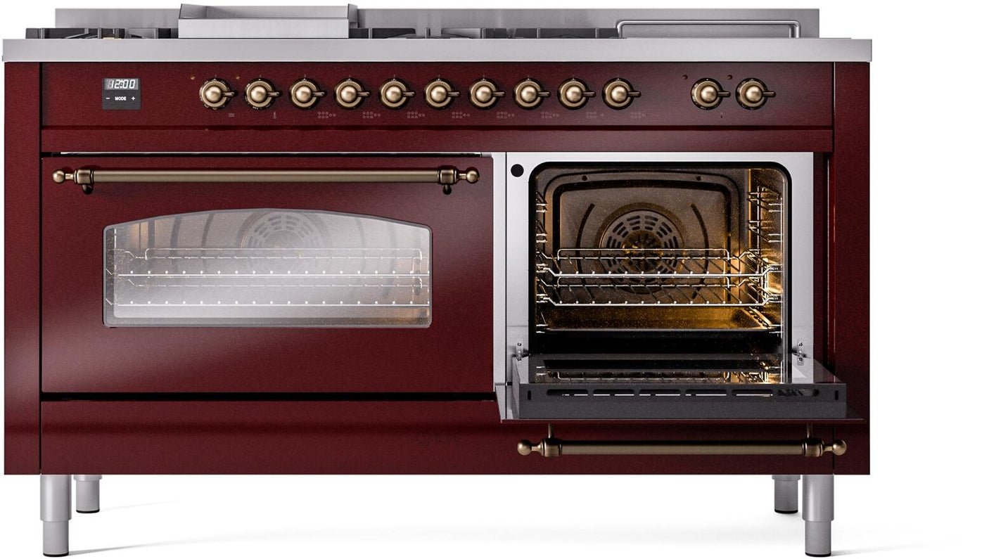 Nostalgie II 60 Inch Dual Fuel Natural Gas Freestanding Range in Burgundy with Bronze Trim