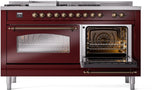 Nostalgie II 60 Inch Dual Fuel Natural Gas Freestanding Range in Burgundy with Bronze Trim