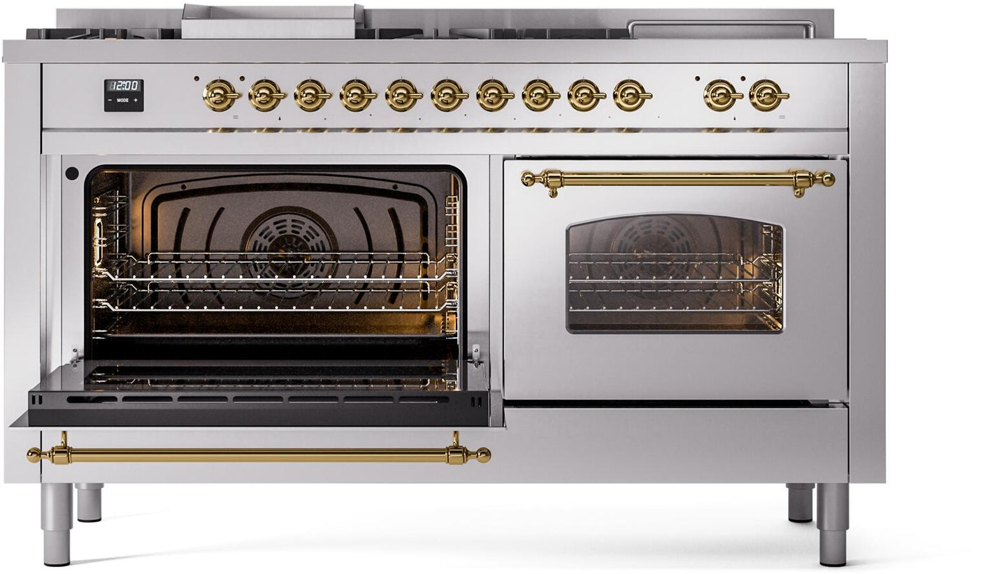 Nostalgie II 60 Inch Dual Fuel Natural Gas Freestanding Range in Stainless Steel with Brass Trim