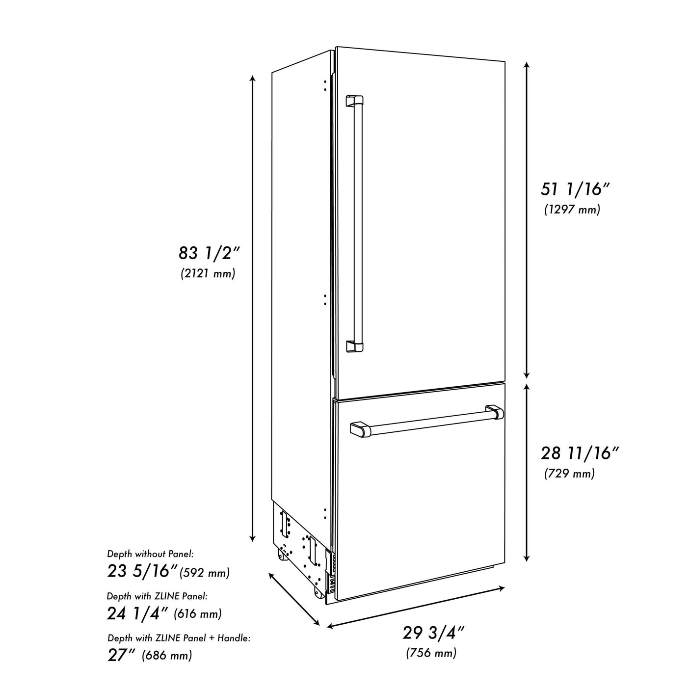 ZLINE 30" Autograph Edition 16.1 cu. ft. Built-in 2-Door Bottom Freezer Refrigerator with Internal Water and Ice Dispenser in Fingerprint Resistant Stainless Steel with Polished Gold Accents (RBIVZ-SN-30-G)