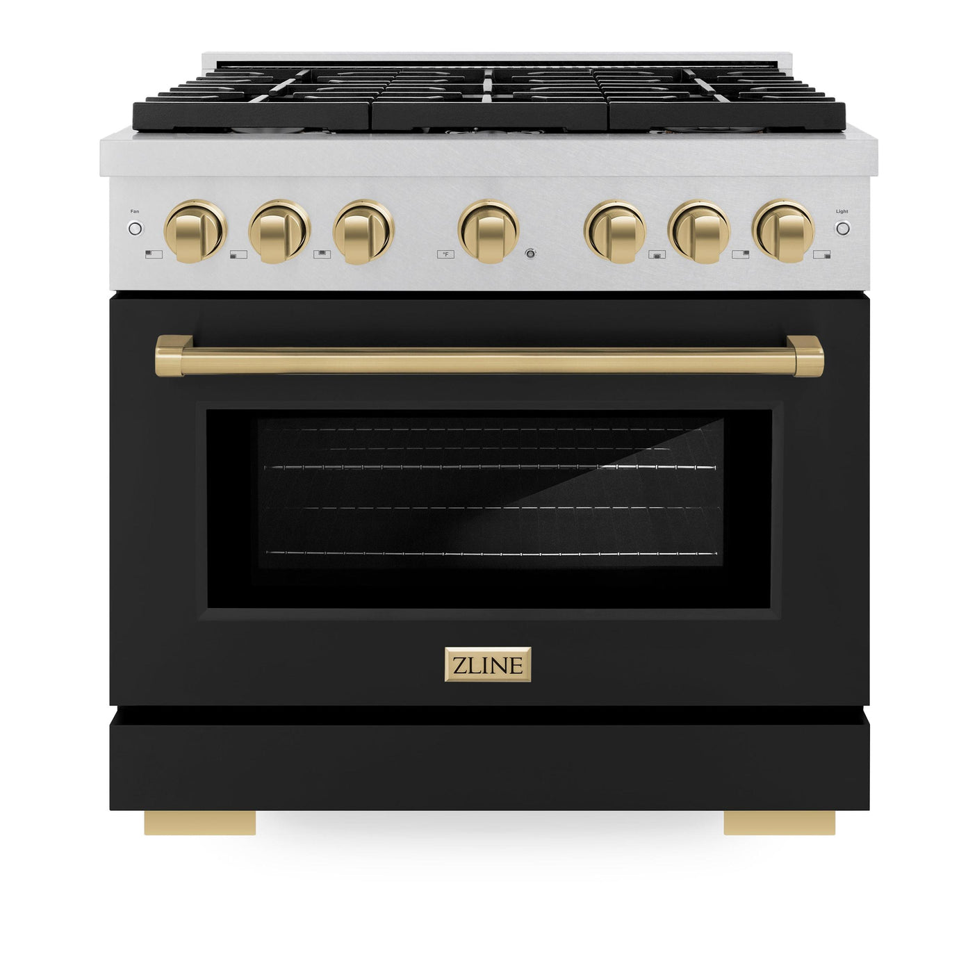 ZLINE Autograph Edition 36 in. 5.2 cu. ft. Paramount Gas Range with 6 Burner Cooktop and Convection Gas Oven in DuraSnow' Stainless Steel with Black Matte Door and Champagne Bronze Accents (SGRSZ-BLM-36-CB)