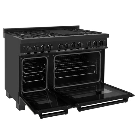 ZLINE 48" 6.0 cu. ft. Dual Fuel Range with Gas Stove and Electric Oven in Black Stainless Steel with Brass Burners (RAB-48)