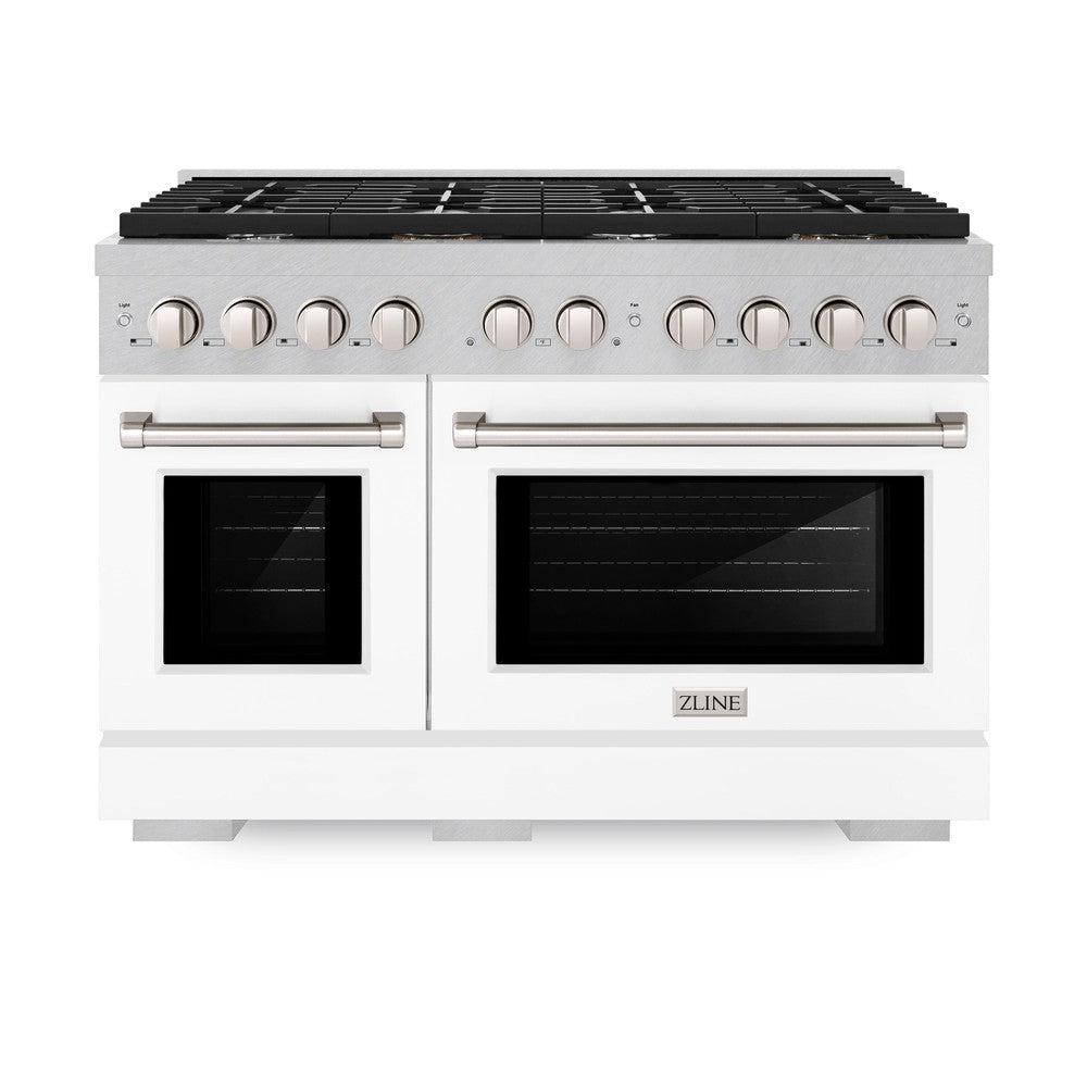 ZLINE 48 in. 6.7 cu. ft. Paramount Double Oven Dual Fuel Range with 8 Burner Gas Cooktop in DuraSnow' Stainless Steel with White Matte Doors (SDRS-WM-48)