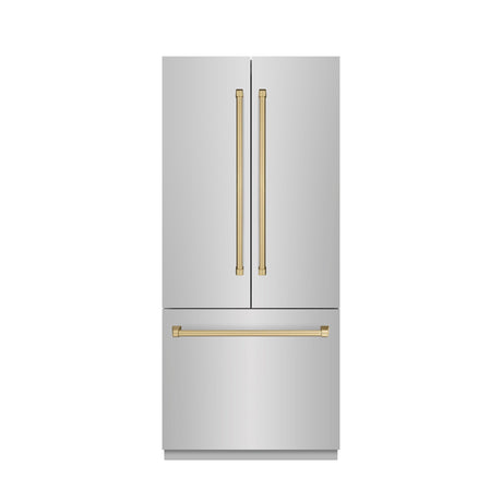 ZLINE Autograph Edition 36 in. 19.6 cu. ft. French Door Built-In Bottom Freezer Refrigerator with Water Dispenser and Ice Maker in Stainless Steel with Graphite Gray Interior and Champagne Bronze Accents (GRBIVZ-304-36CB)