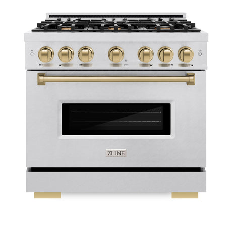 ZLINE Autograph Edition 36 in. 5.2 cu. ft. Classic Gas Range with 6 Burner Cooktop and Convection Gas Oven in DuraSnow' Stainless Steel and Champagne Bronze Accents (CGRSZ-36-CB)