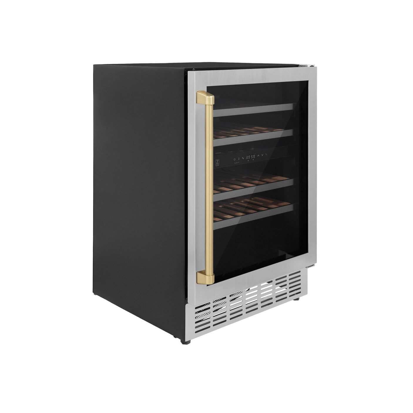 ZLINE 24" Autograph Edition Dual Zone 44-Bottle Wine Cooler in Stainless Steel with Wood Shelf and Champagne Bronze Accents (RWVZ-UD-24-CB)