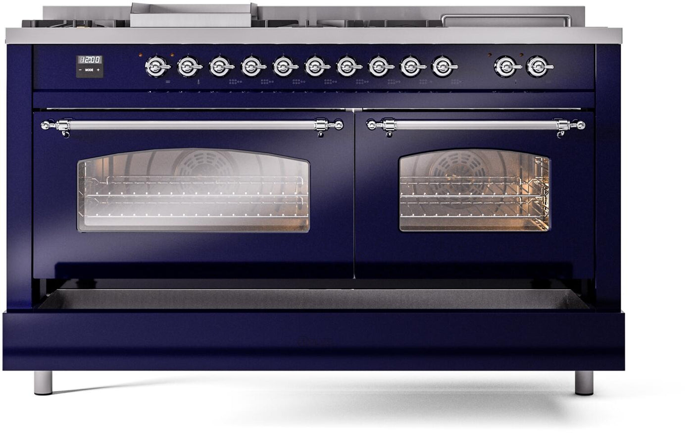 Nostalgie II 60 Inch Dual Fuel Natural Gas Freestanding Range in Blue with Chrome Trim