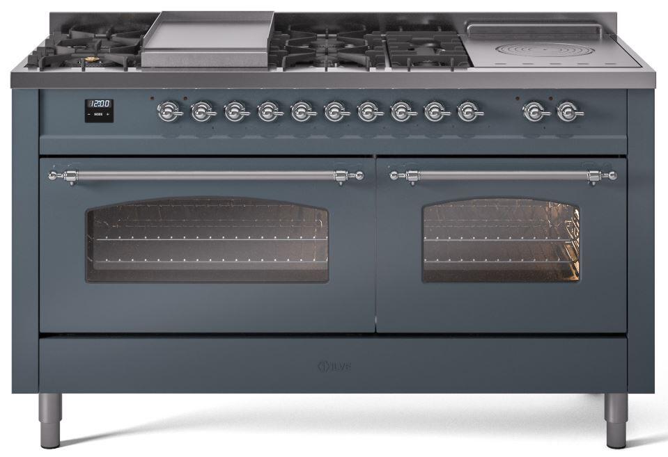 Nostalgie II 60 Inch Dual Fuel Natural Gas Freestanding Range in Blue Grey with Chrome Trim