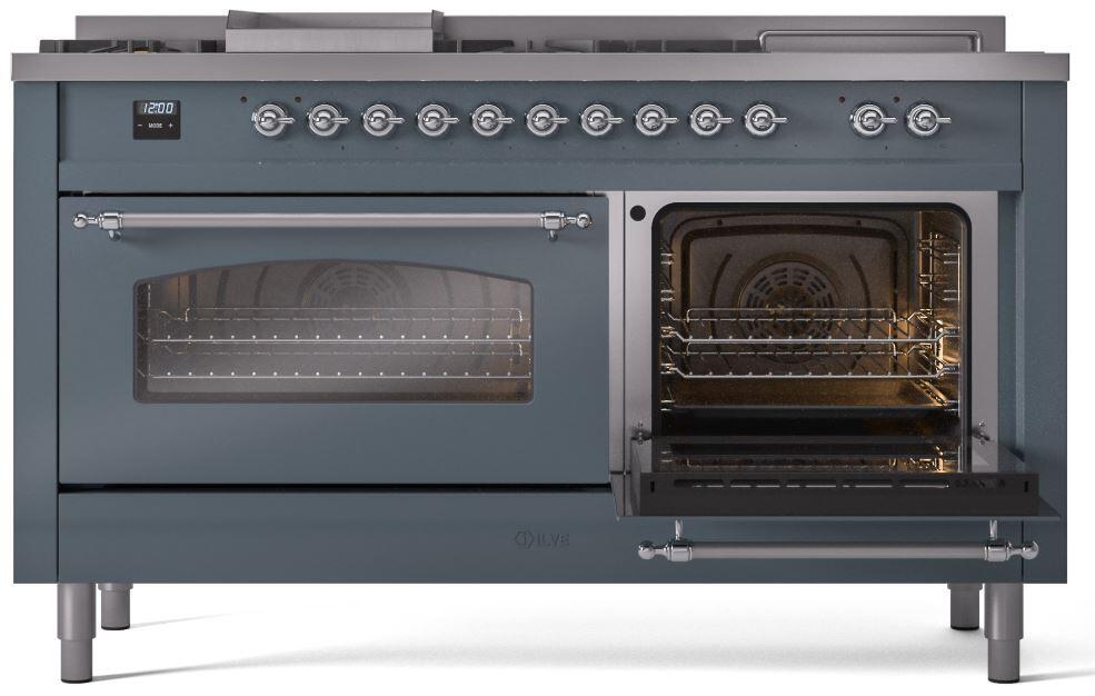 Nostalgie II 60 Inch Dual Fuel Natural Gas Freestanding Range in Blue Grey with Chrome Trim