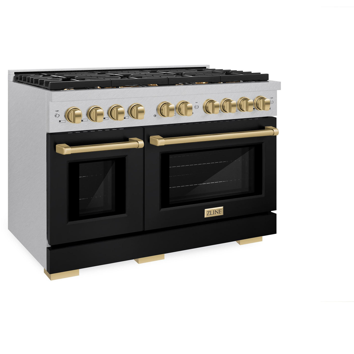 ZLINE Autograph Edition 48 in. 6.7 cu. ft. Paramount Double Oven Gas Range with 8 Burner Cooktop in DuraSnow' Stainless Steel with Black Matte Doors and Champagne Bronze Accents (SGRSZ-BLM-48-CB)