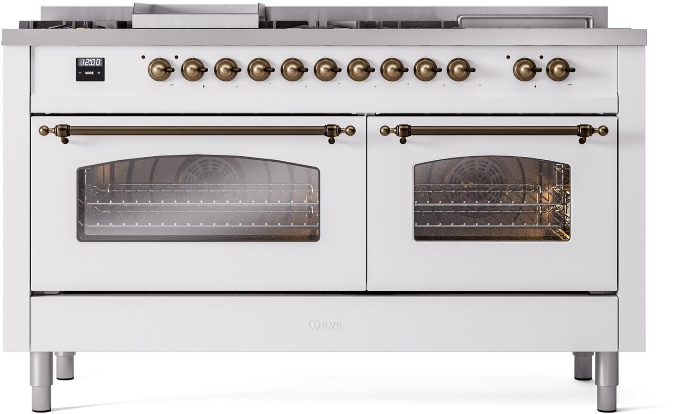 Nostalgie II 60 Inch Dual Fuel Natural Gas Freestanding Range in White with Bronze Trim