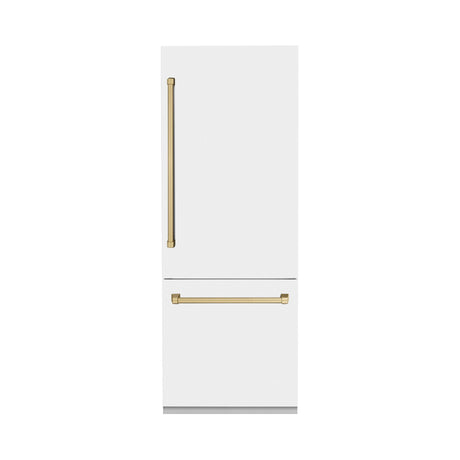 ZLINE 30" Autograph Edition 16.1 cu. ft. Built-in 2-Door Bottom Freezer Refrigerator with Internal Water and Ice Dispenser in White Matte with Champagne Bronze Accents (RBIVZ-WM-30-CB)