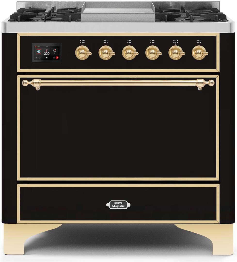 Majestic II 36 Inch Dual Fuel Liquid Propane Freestanding Range in Glossy Black with Brass Trim