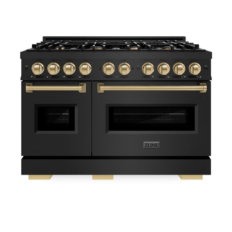 ZLINE Autograph Edition 48 in. 6.7 cu. ft. Classic Double Oven Dual Fuel Range with 8 Burner Gas Cooktop in Black Stainless Steel and Champagne Bronze Accents (CDRBZ-48-CB)