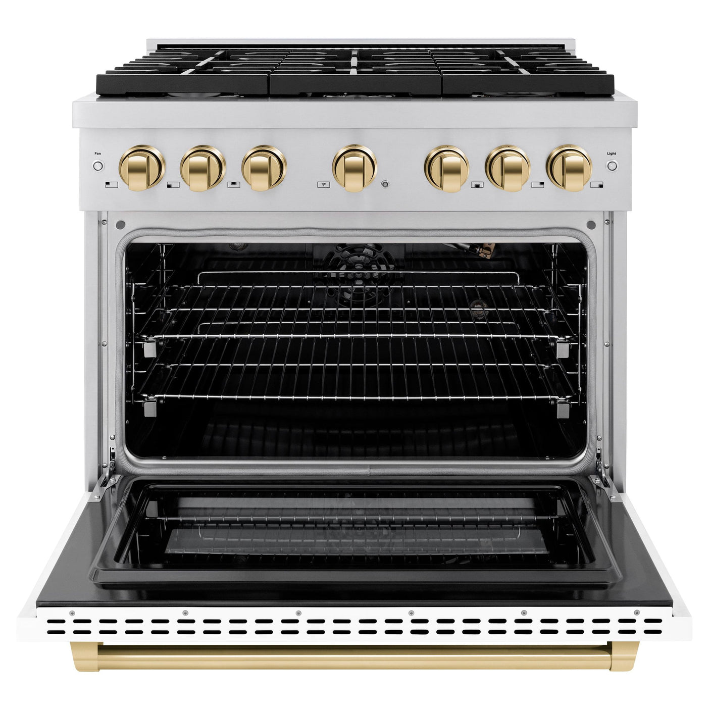 ZLINE Autograph Edition 36 in. 5.2 cu. ft. 6 Burner Gas Range with Convection Gas Oven in Stainless Steel with White Matte Door and Polished Gold Accents (SGRZ-WM-36-G)