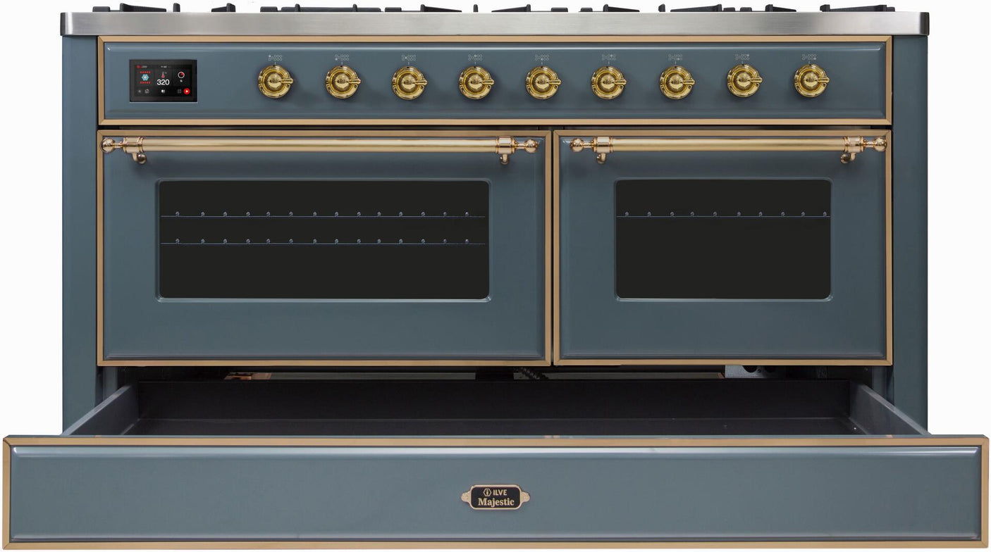 Majestic II 60 Inch Dual Fuel Natural Gas Freestanding Range in Blue Grey with Brass Trim