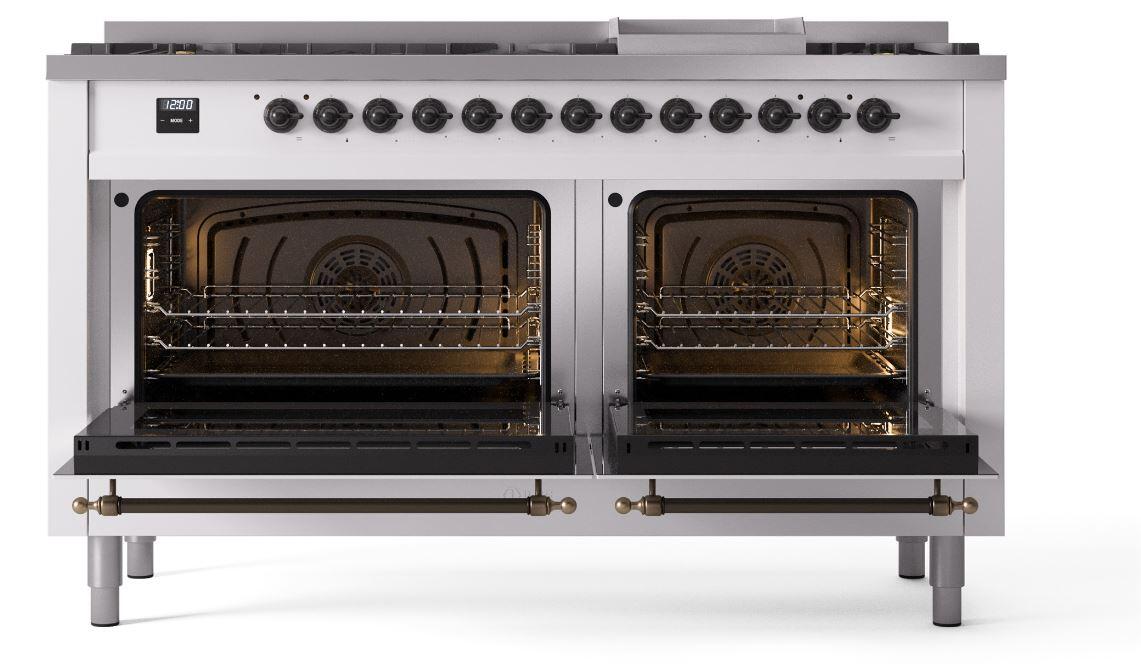 Nostalgie II 60 Inch Dual Fuel Natural Gas Freestanding Range in White with Bronze Trim