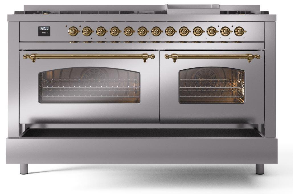 Nostalgie II 60 Inch Dual Fuel Natural Gas Freestanding Range in Stainless Steel with Brass Trim