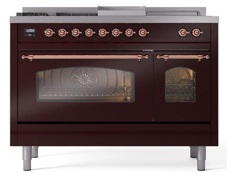 Nostalgie II 48 Inch Dual Fuel Liquid Propane Freestanding Range in Burgundy with Copper Trim