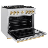 ZLINE Autograph Edition 36 in. 5.2 cu. ft. Classic Dual Fuel Range with 6 Burner Gas Cooktop and Electric Convection Oven in DuraSnow' Stainless Steel with Polished Gold Accents (CDRSZ-36-G)