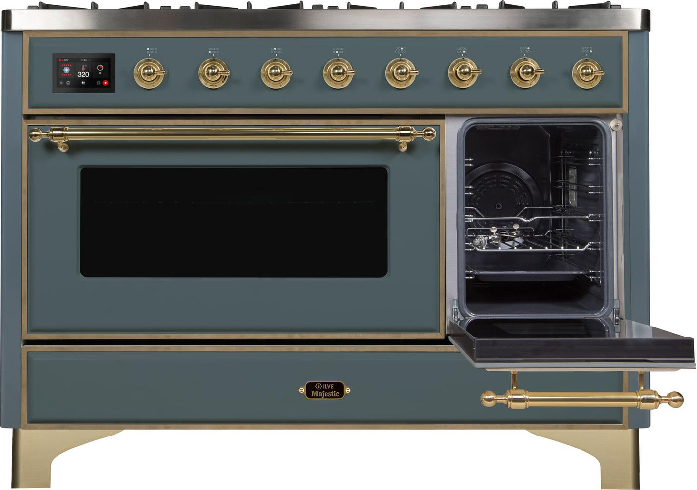 Majestic II 48 Inch Dual Fuel Liquid Propane Freestanding Range in Blue Grey with Brass Trim