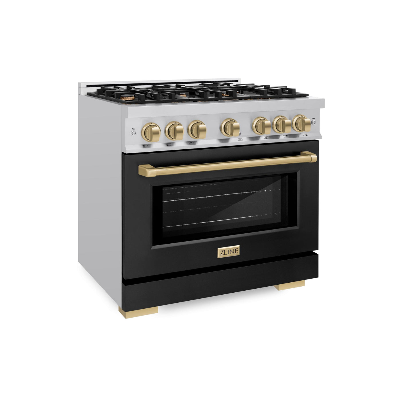 ZLINE Autograph Edition 36 in. 5.2 cu. ft. Select Gas Range with 6 Burner Cooktop and Convection Gas Oven in Stainless Steel with Black Matte Door and Champagne Bronze Accents (HGRZ-BLM-36-CB)