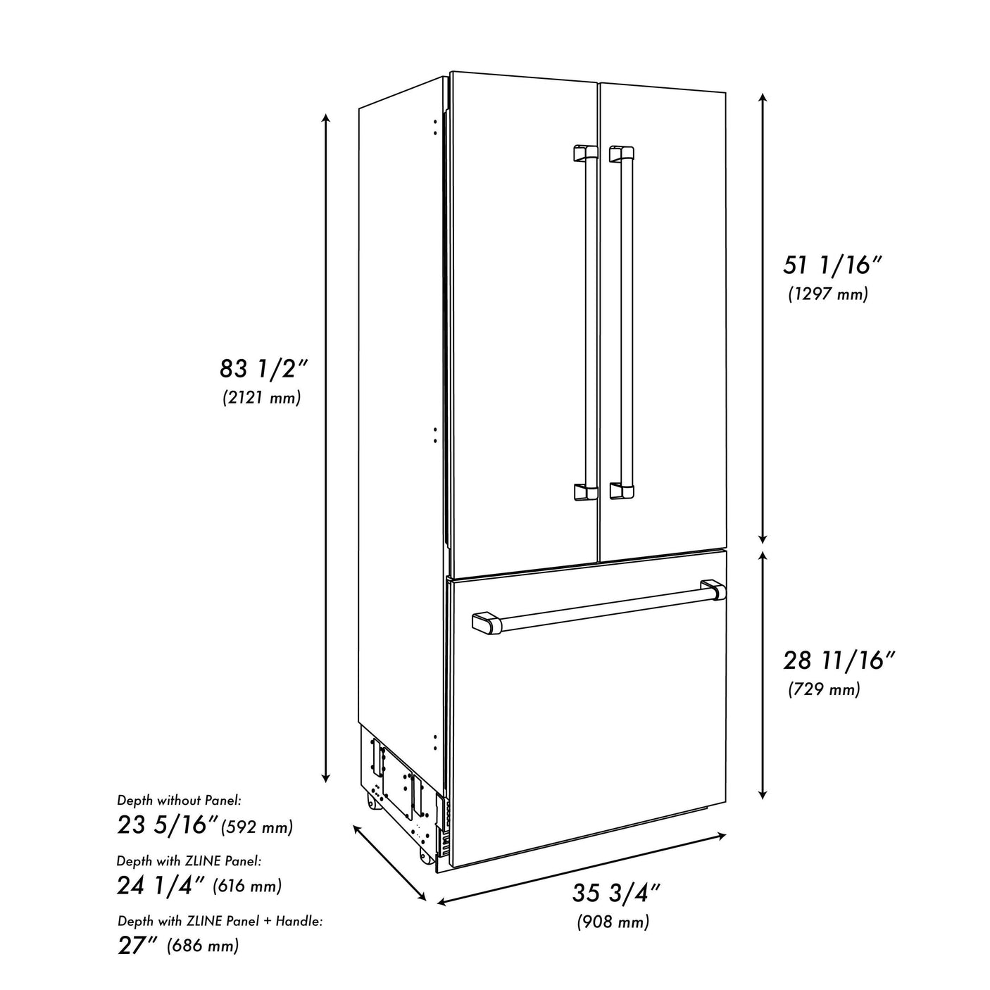 ZLINE 36 in. 19.6 cu. ft. French Door Built-In Bottom Freezer Refrigerator with Water Dispenser and Ice Maker in Stainless Steel with Graphite Gray Interior (GRBIV-304-36)