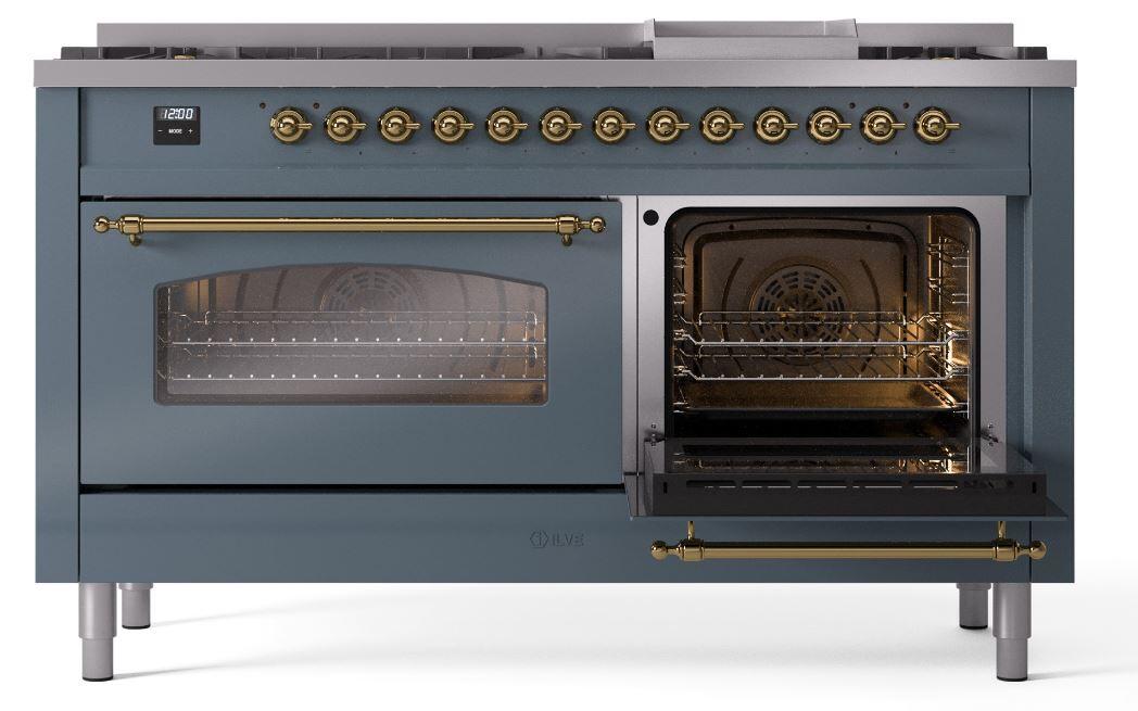 Nostalgie II 60 Inch Dual Fuel Liquid Propane Freestanding Range in Blue Grey with Brass Trim