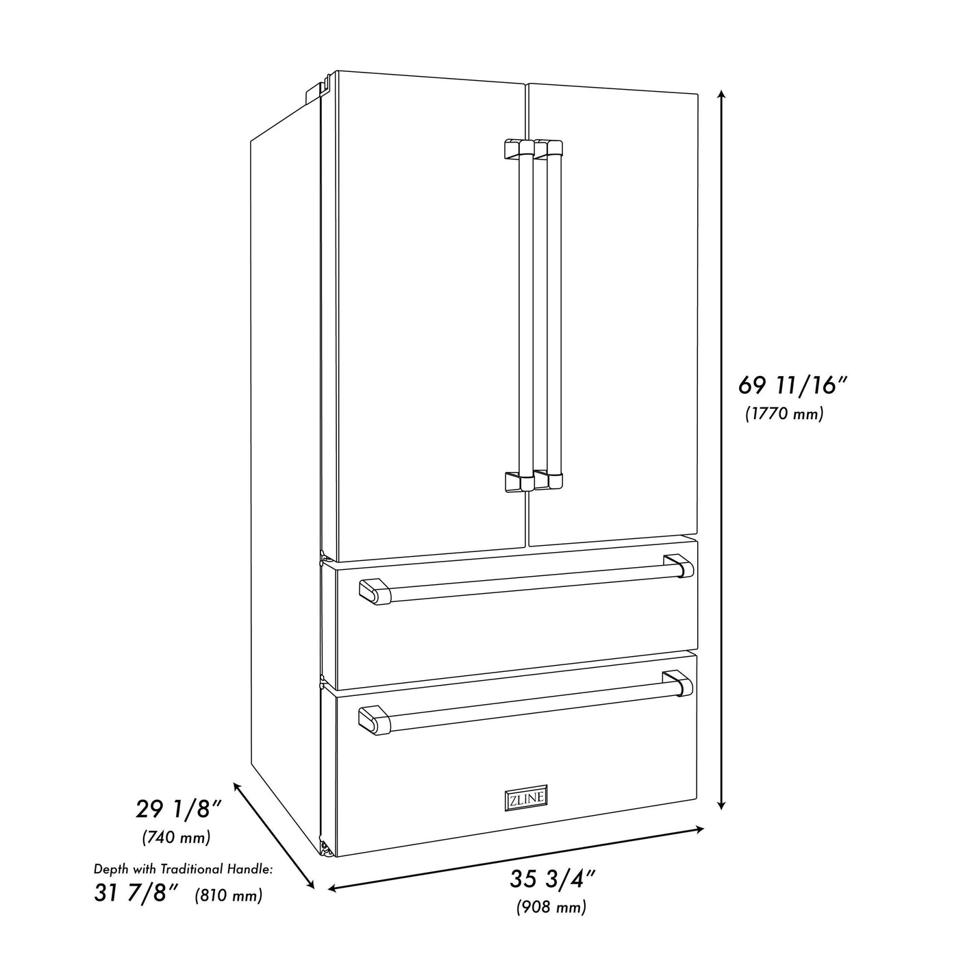 ZLINE 36" 22.5 cu. ft Freestanding French Door Refrigerator with Ice Maker in Fingerprint Resistant Stainless Steel (RFM-36) [Color: Stainless Steel]