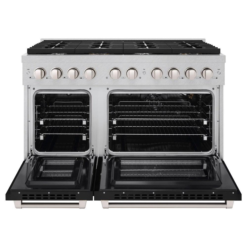 ZLINE 48 in. 6.7 cu. ft. Paramount Double Oven Dual Fuel Range with 8 Burner Gas Cooktop in DuraSnow' Stainless Steel with Black Matte Doors (SDRS-BLM-48)