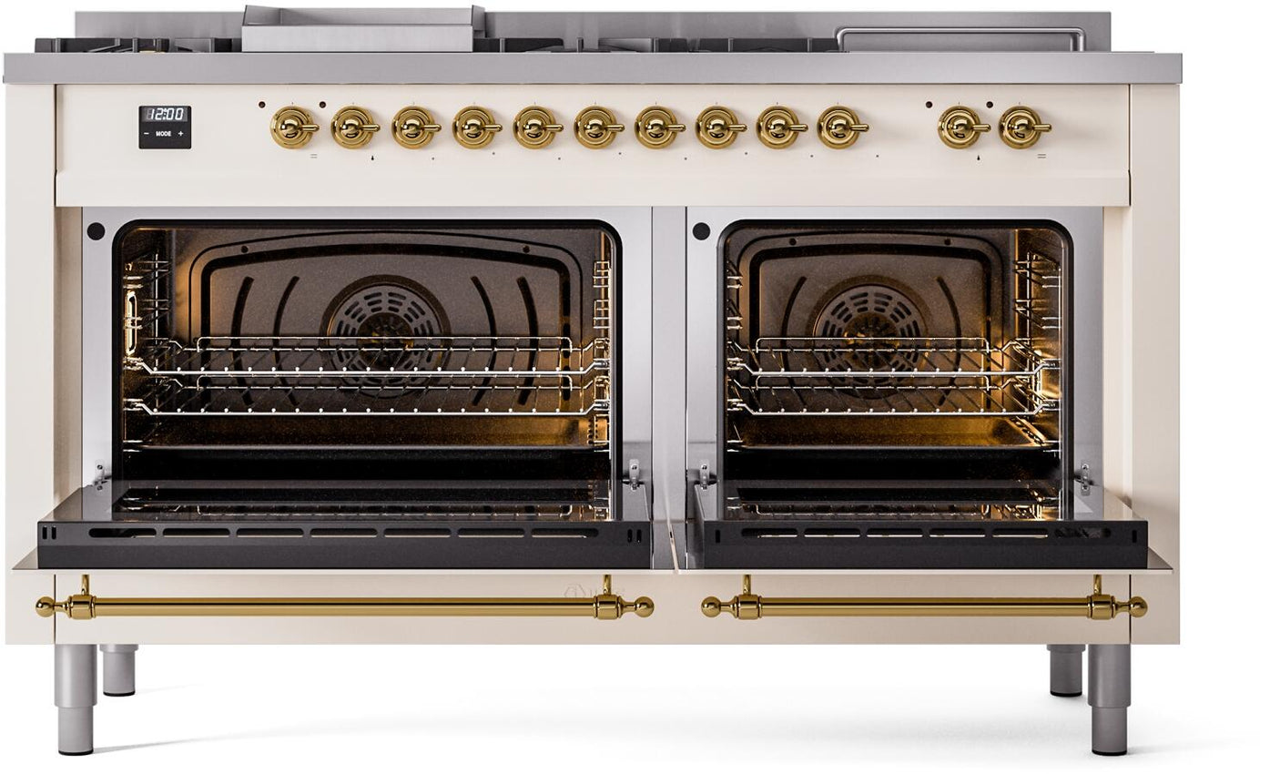 Nostalgie II 60 Inch Dual Fuel Natural Gas Freestanding Range in Antique White with Brass Trim