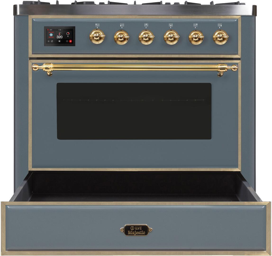 Majestic II 36 Inch Dual Fuel Liquid Propane Freestanding Range in Blue Grey with Brass Trim