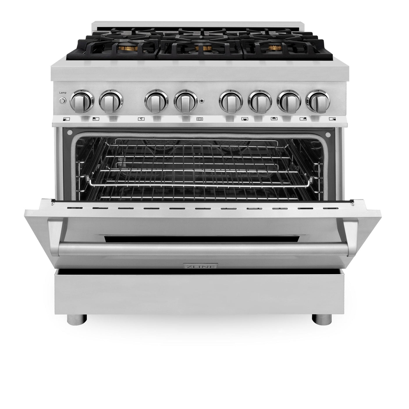 ZLINE 36 in. Dual Fuel Range with Gas Stove and Electric Oven in Stainless Steel (RA36) [Color: Stainless Steel with Brass Burners]