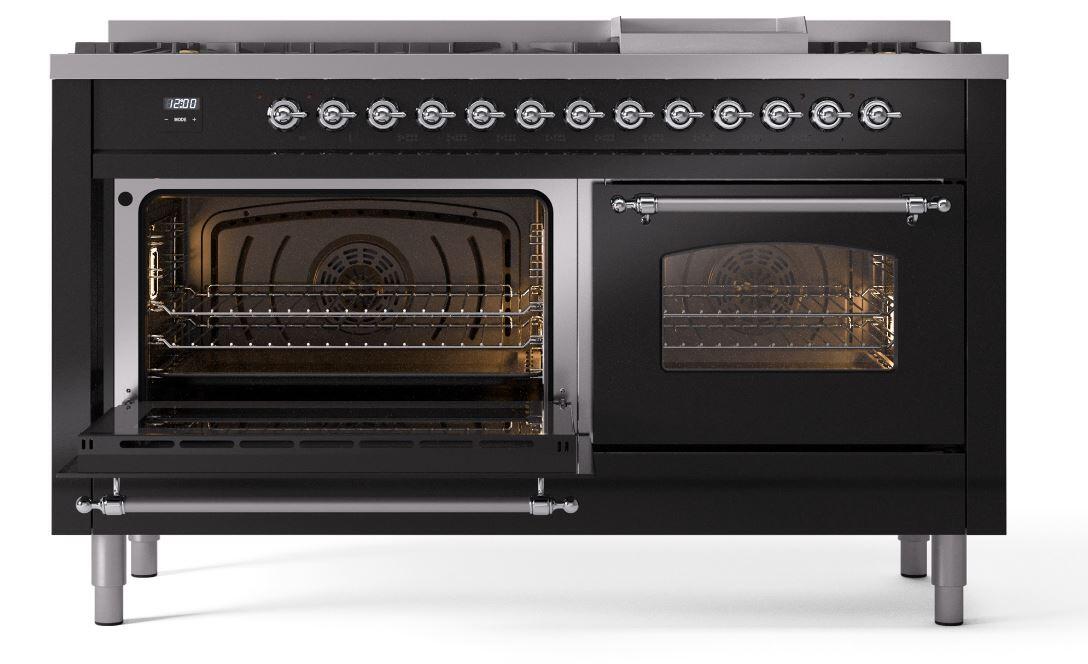 Nostalgie II 60 Inch Dual Fuel Natural Gas Freestanding Range in Glossy Black with Chrome Trim