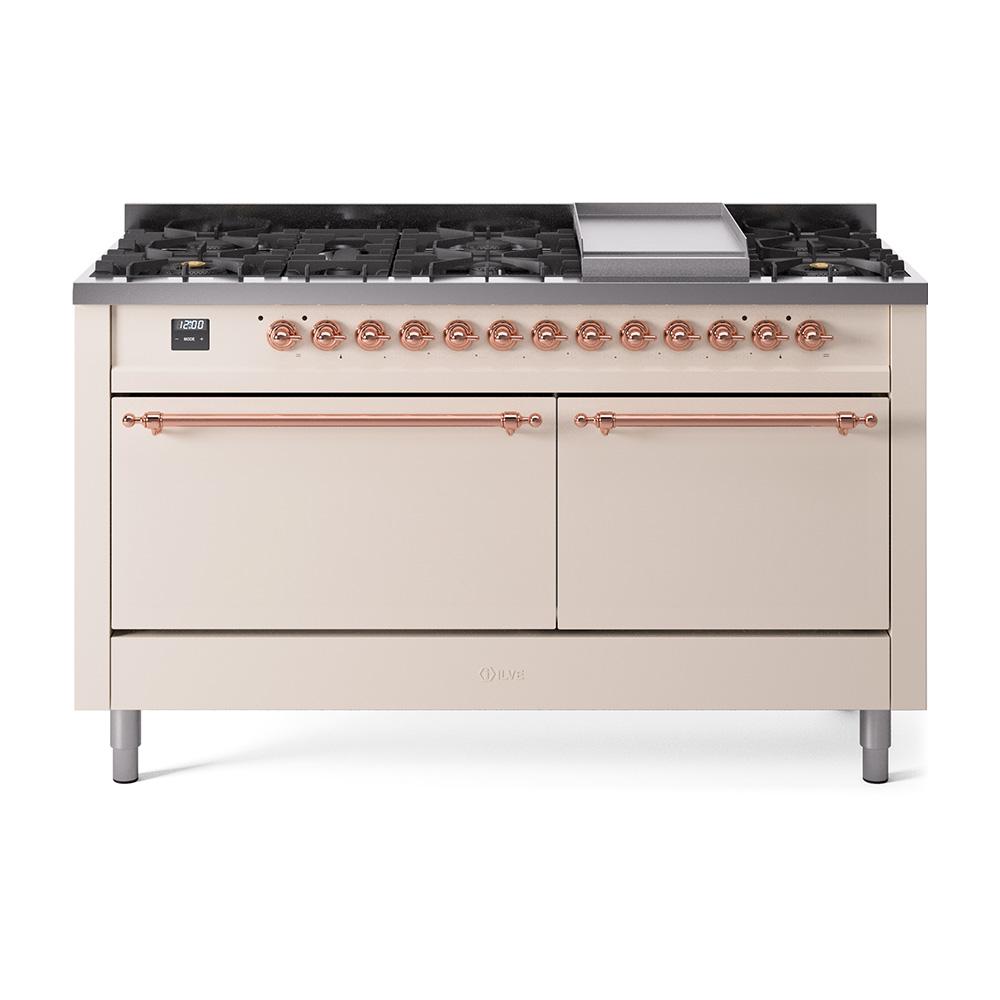 ILVE Nostalgie II 60 UP60FQNMPAWP Freestanding Dual Fuel Range with 9 Sealed Burners Yes Double Oven with Solid Door in Antique White with Copper knobs