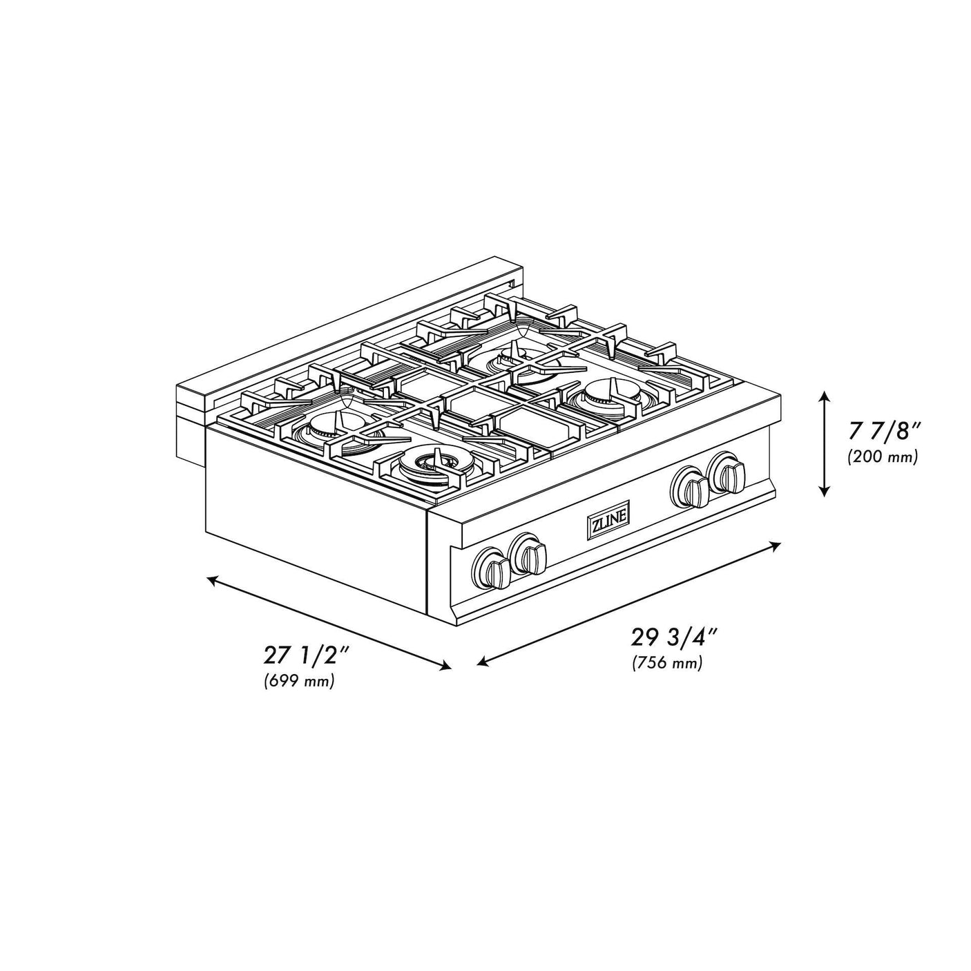 ZLINE 30 in. Porcelain Rangetop in Black Stainless with 4 Gas Burners (RTB-30) Available with Brass Burners