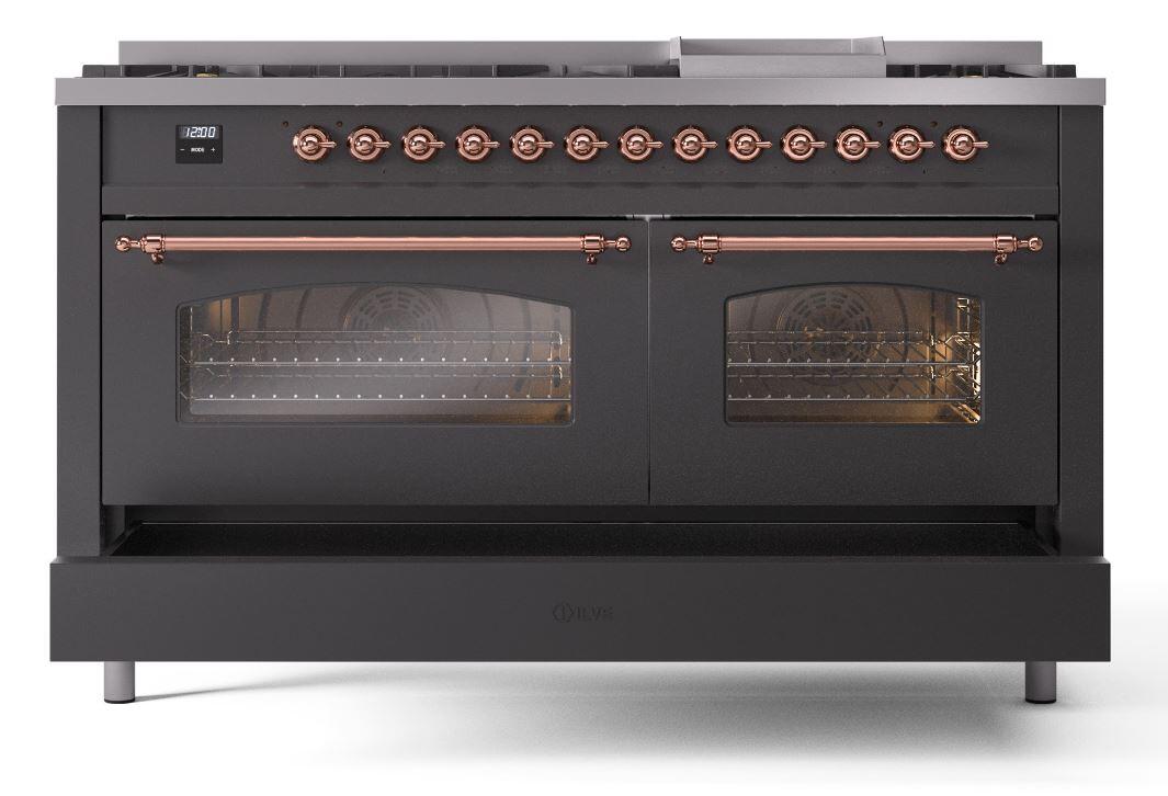 Nostalgie II 60 Inch Dual Fuel Natural Gas Freestanding Range in Matte Graphite with Copper Trim