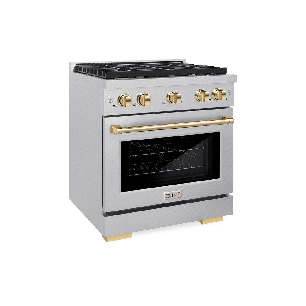 ZLINE Autograph Edition 30 in. 4.2 cu. ft. Paramount Dual Fuel Range with 4 Burner Gas Cooktop and Electric Convection Oven in DuraSnow' Stainless Steel with Polished Gold Accents (SDRSZ-30-G)