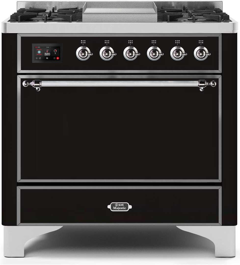 Majestic II 36 Inch Dual Fuel Natural Gas Freestanding Range in Glossy Black with Chrome Trim