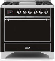 Majestic II 36 Inch Dual Fuel Natural Gas Freestanding Range in Glossy Black with Chrome Trim