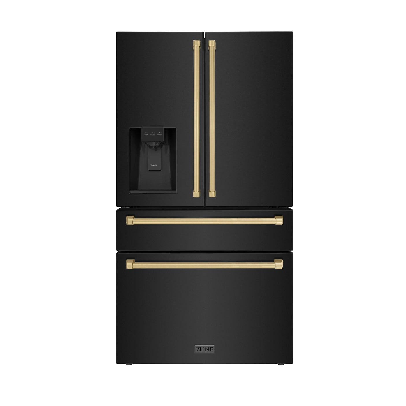 ZLINE 36" Autograph Edition 21.6 cu. ft Freestanding French Door Refrigerator with Water and Ice Dispenser in Fingerprint Resistant Black Stainless Steel with Accents (RFMZ-W-36-BS) [Color: Champagne Bronze Accents]