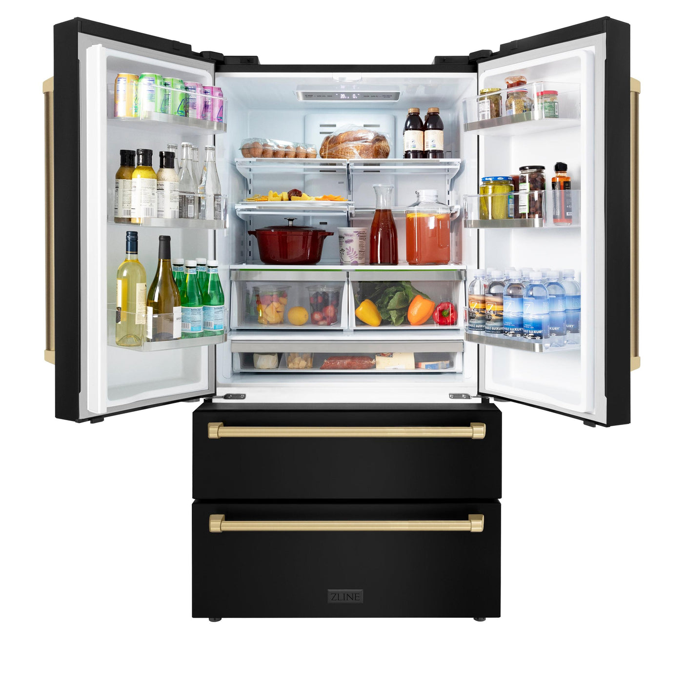 ZLINE 36" Autograph Edition 22.5 cu. ft Freestanding French Door Refrigerator with Ice Maker in Fingerprint Resistant Black Stainless Steel with Accents (RFMZ-36-BS) [Color: Champagne Bronze Accents]