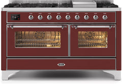 Majestic II 60 Inch Dual Fuel Natural Gas Freestanding Range in Burgundy with Chrome Trim