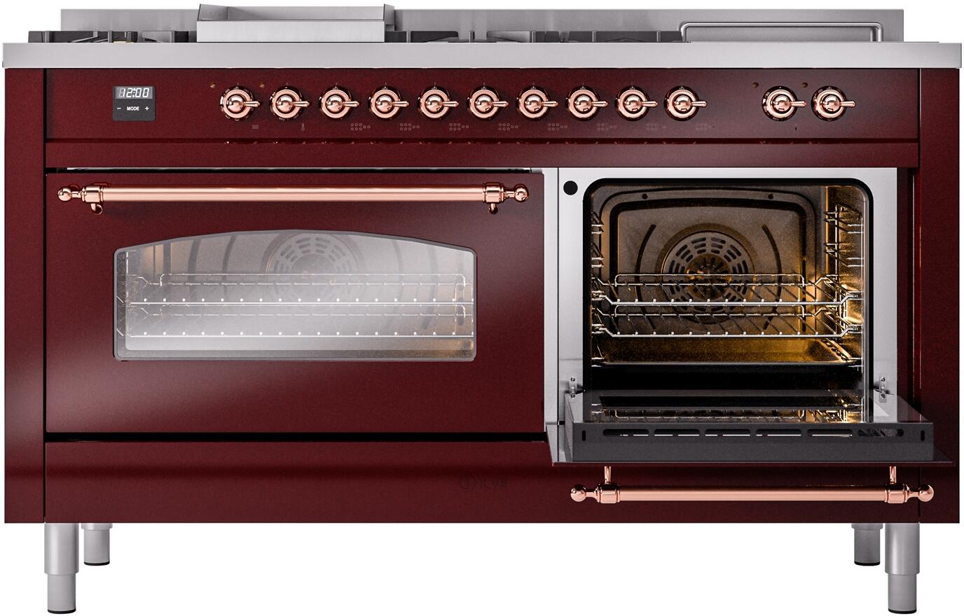 Nostalgie II 60 Inch Dual Fuel Liquid Propane Freestanding Range in Burgundy with Copper Trim