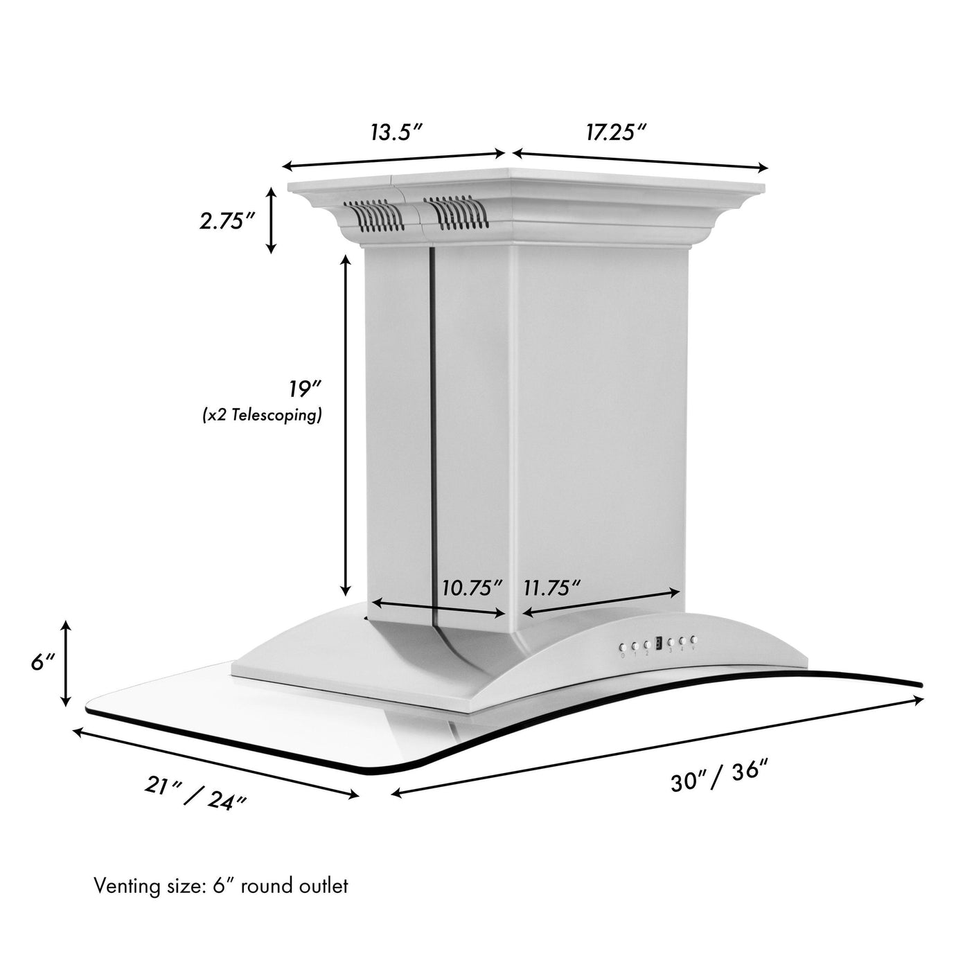 ZLINE Island Mount Range Hood in Stainless Steel with Built-in ZLINE CrownSound Bluetooth Speakers (GL9iCRN-BT)