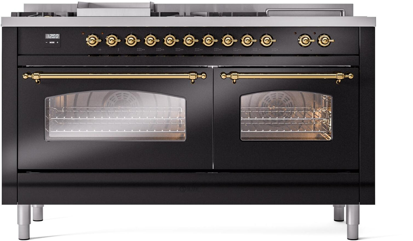 Nostalgie II 60 Inch Dual Fuel Natural Gas Freestanding Range in Glossy Black with Brass Trim