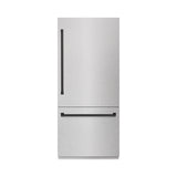 ZLINE Autograph Edition 36 in. 19.8 cu. ft. Built-In Bottom Freezer Refrigerator with Water Dispenser and Ice Maker in DuraSnow' Stainless Steel with Graphite Gray Interior and Matte Black Accents (GRBITZ-SN-36-MB)