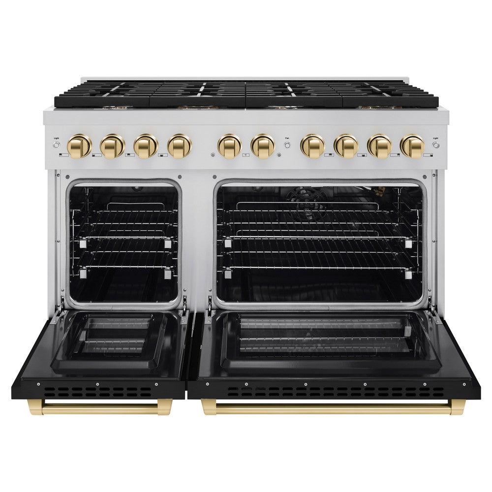 ZLINE Autograph Edition 48 in. 6.7 cu. ft. Paramount Double Oven Dual Fuel Range with 8 Burner Gas Cooktop in Stainless Steel with Black Matte Doors and Polished Gold Accents (SDRZ-BLM-48-G)