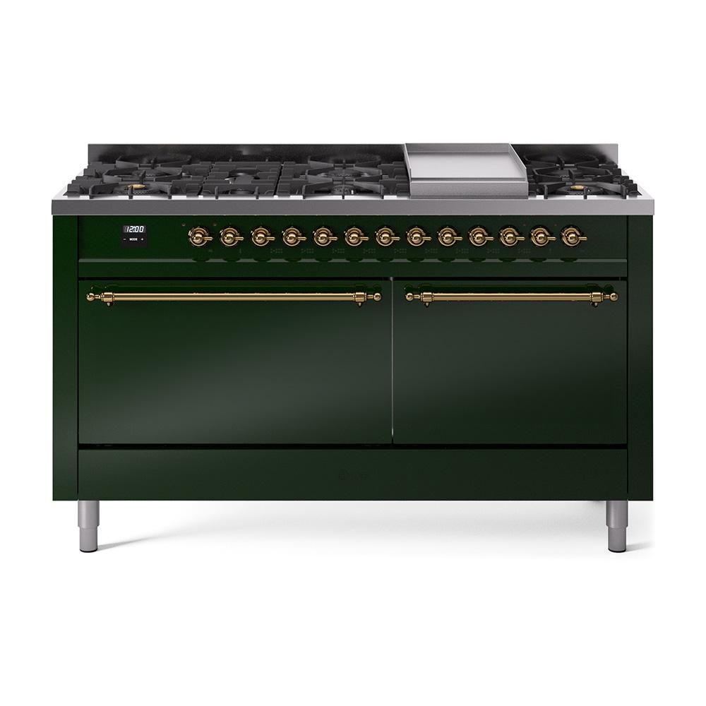 ILVE Nostalgie II 60 UP60FQNMPEGG Freestanding Dual Fuel Range with 9 Sealed Burners Yes Double Oven with Solid Door in Emerald Green with Brass knobs