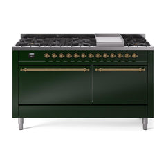 ILVE Nostalgie II 60 UP60FQNMPEGG Freestanding Dual Fuel Range with 9 Sealed Burners Yes Double Oven with Solid Door in Emerald Green with Brass knobs